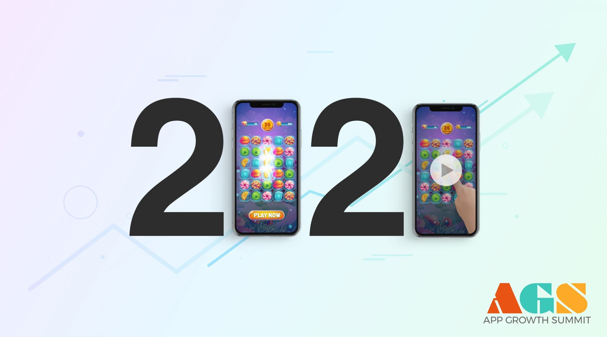 2020 spelled out with phones displaying ads and games replacing the 0s and an arrow trajectory going upwards in the background