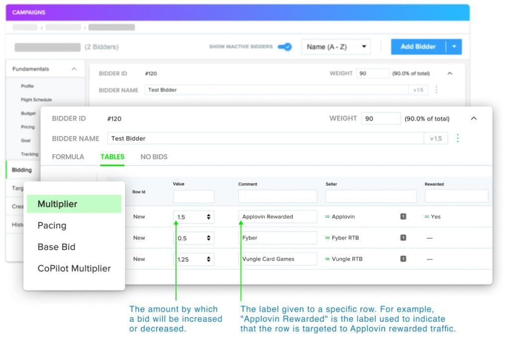 Campaign window with bidding strategies table with full transparency