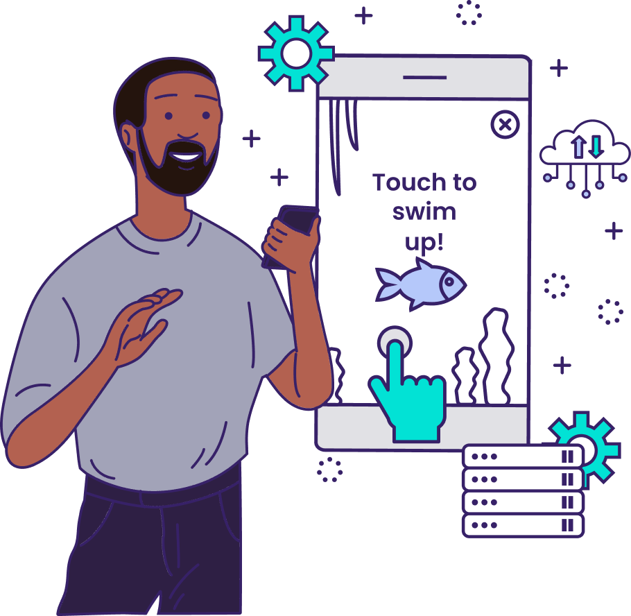 A man is looking at his phone and playing a mobile game. On the screen of the phone it says "Touch to swim up" to play the mobile game.