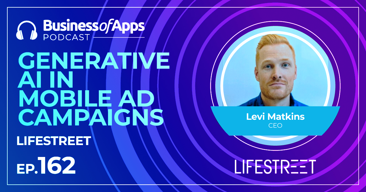 Hero image of business of apps podcast with image of LifeStreet CEO talking about generative AI in mobile ad campaigns.